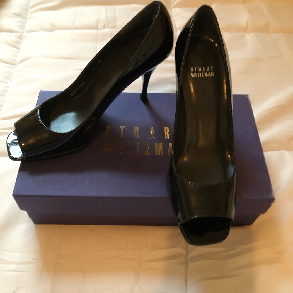 Stuart Weitzman Opened Toe Black Patent Pumps 7.5